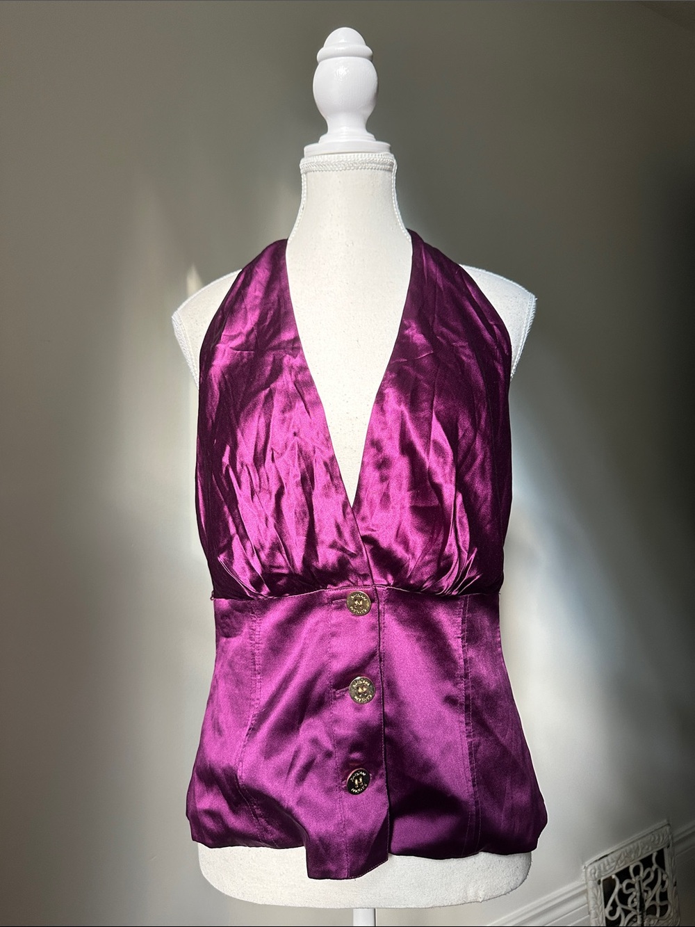 MARCIANO Purple Y2K Summer Festival Chic Silk Button Front Halter Top Large